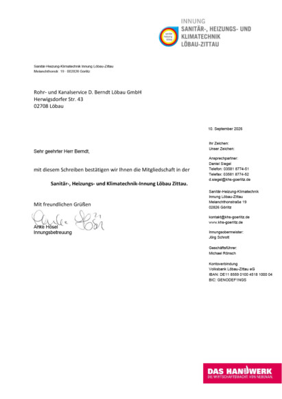 Zertifikate/Urkunde Innung SHK Dresden