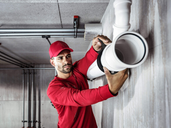 Mitarbeiter in roter Arbeitskleidung installiert Abwasserrohr im Keller